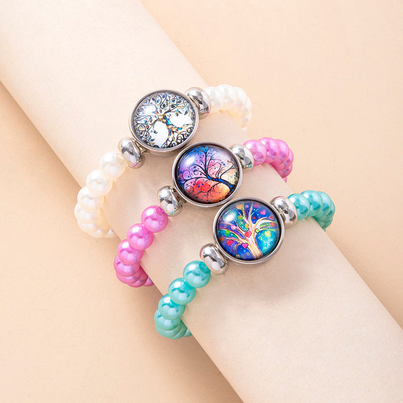 3Pcs Tree Of Life Glass Snap Button Charm Beads Elastic Bracelets For Girls