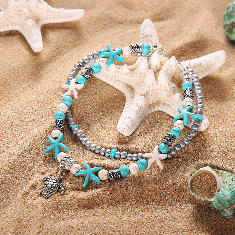 Beach Anklet Sea Turtle Pendant Starfish Turquoise Anklet