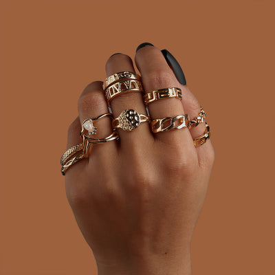 Leaf Crown Geometric Articulation Rings 6 Piece Combination Rings