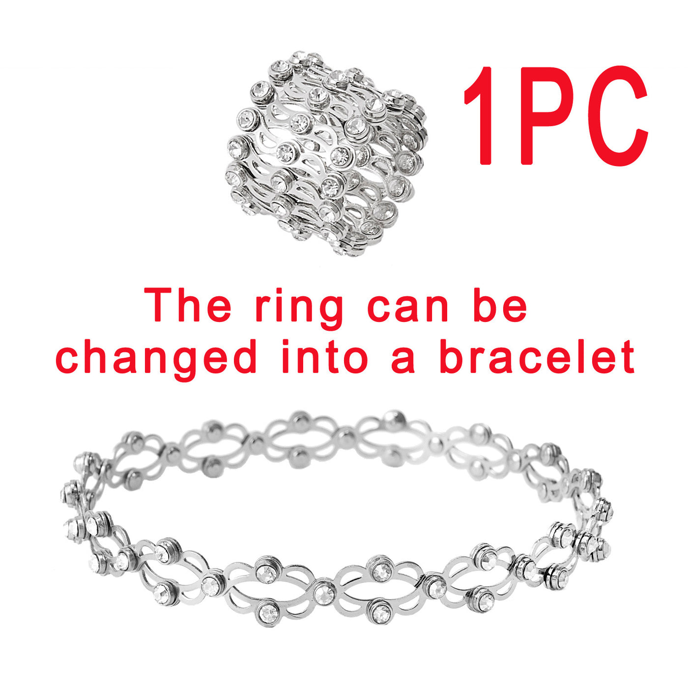 2 In 1 Folding Retractable Rings Bracelet Magic Rhinestone For Women