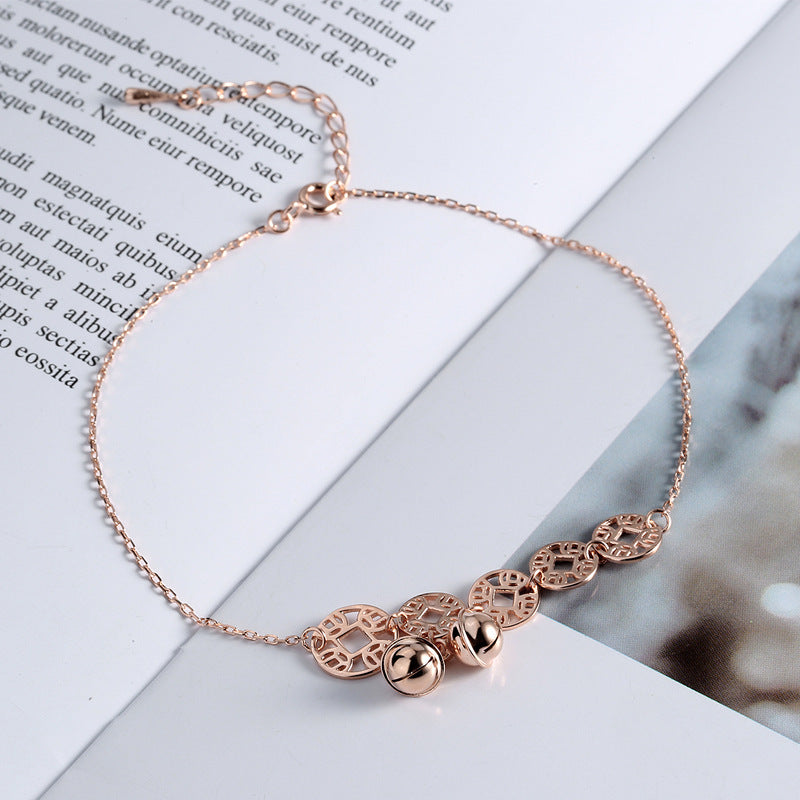 Rose Gold Bells Stainless Steel Coin Charms Chain Anklets