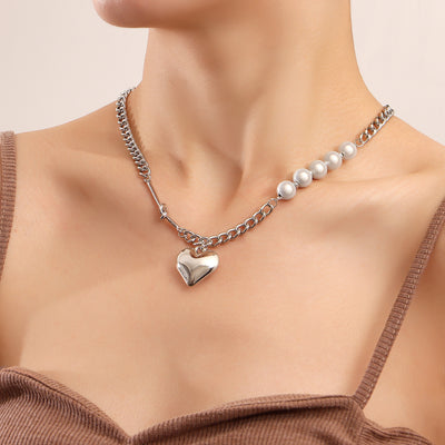 Reflective Pearl Heart Stitching Necklace For Women