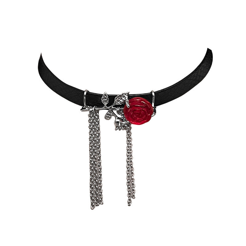 Red Rose Dark Tassel Necklace For Women