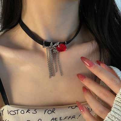 Red Rose Dark Tassel Necklace For Women